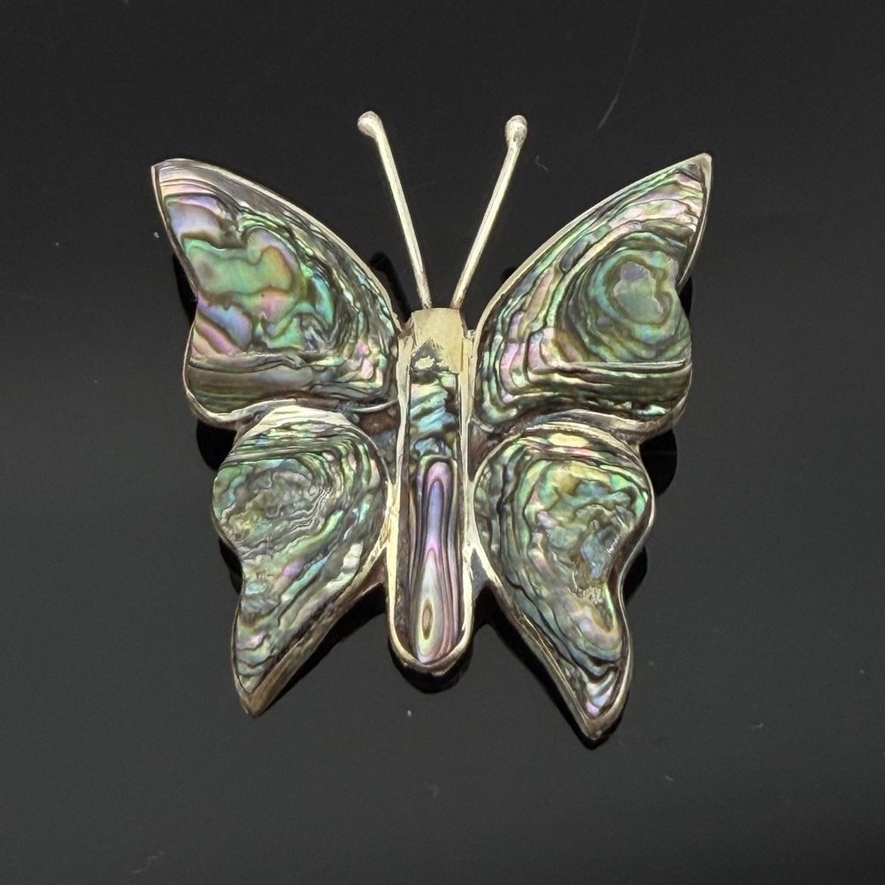 Vintage Taxco Mexico 925 Abalone Shell Butterfly Brooch Sterling Silver Pin
